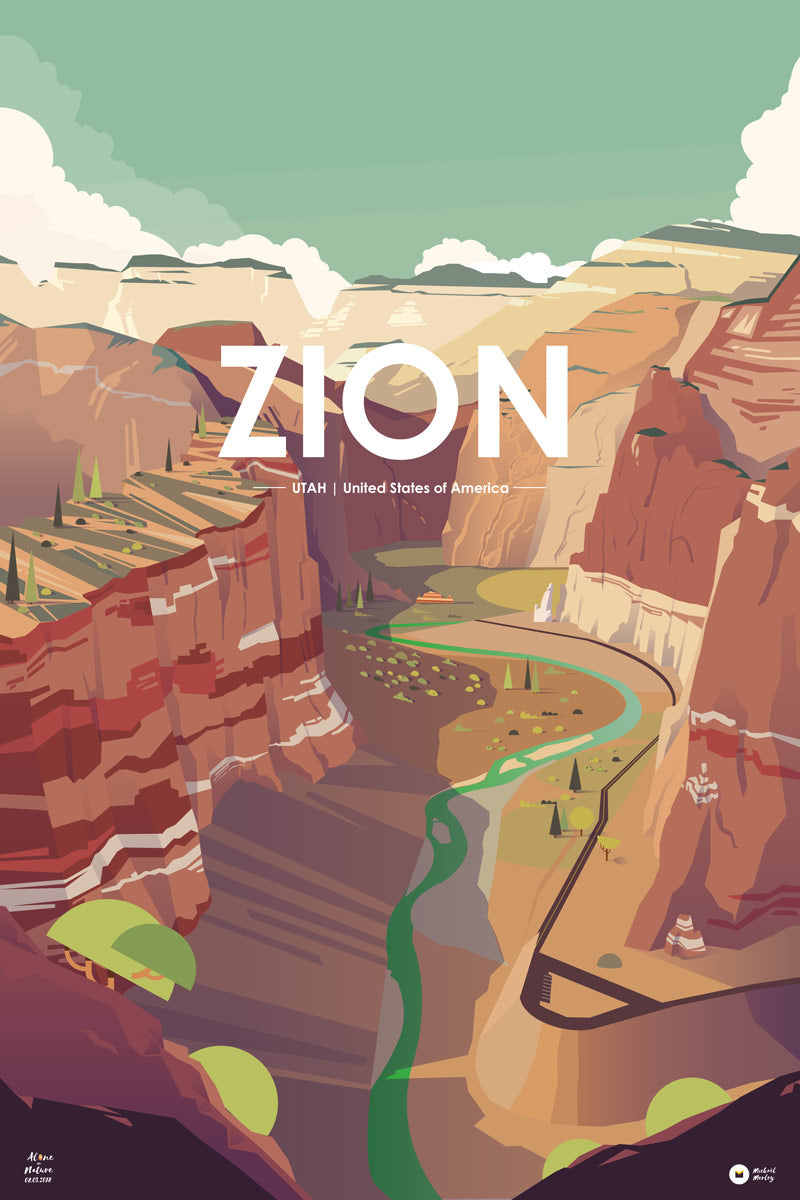 affiche illustrée "Zion, Utah USA"