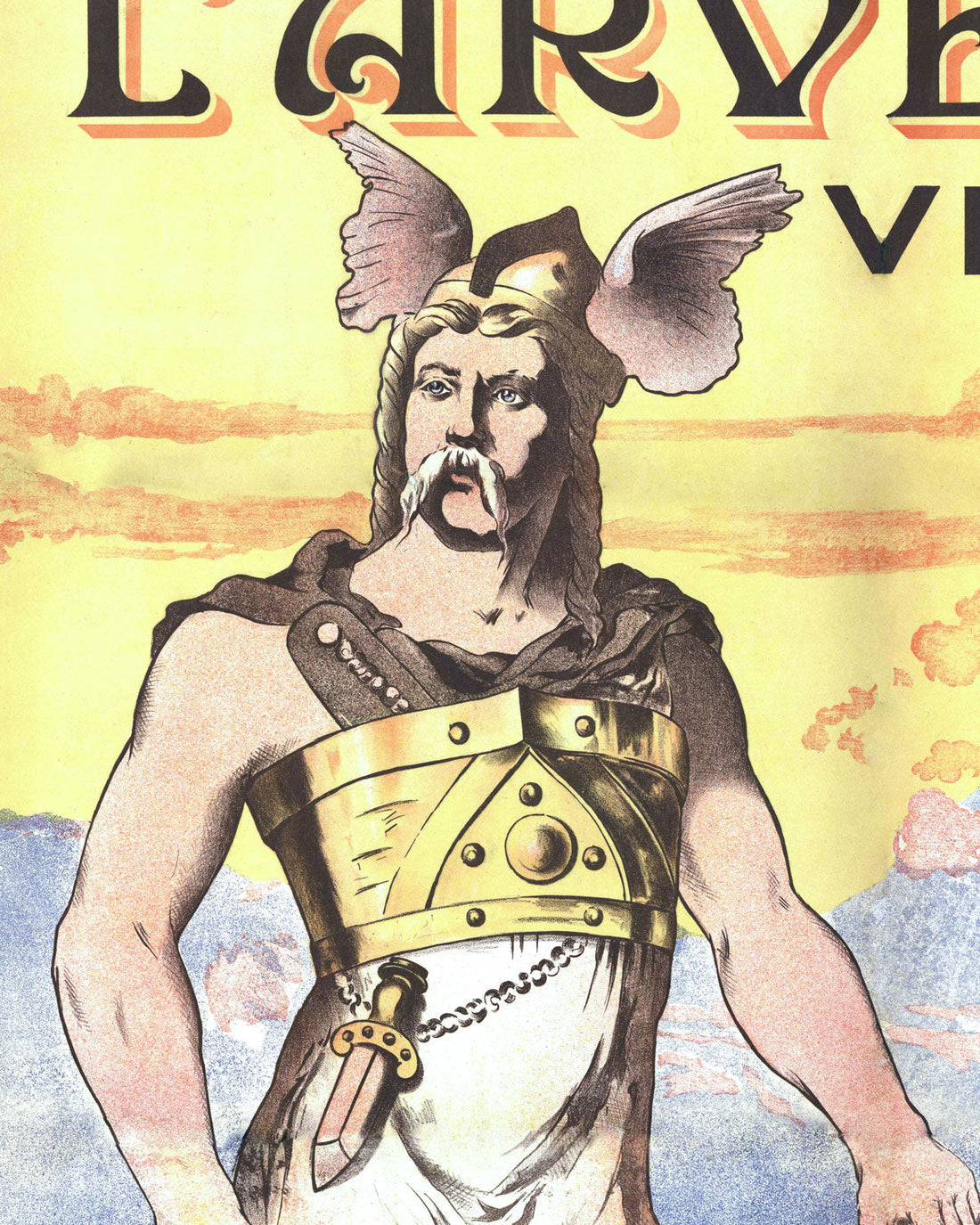 détail d'une affiche ancienne L'Arverne avec un chef gaulois à casque ailé