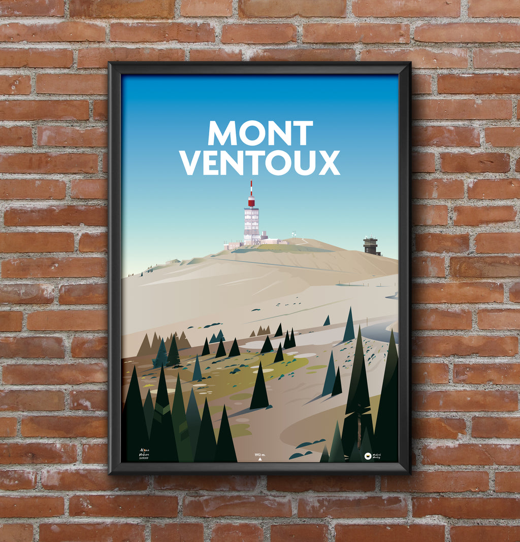 Affiche illustrée du Mont Ventoux encadrée et accrochée au mur