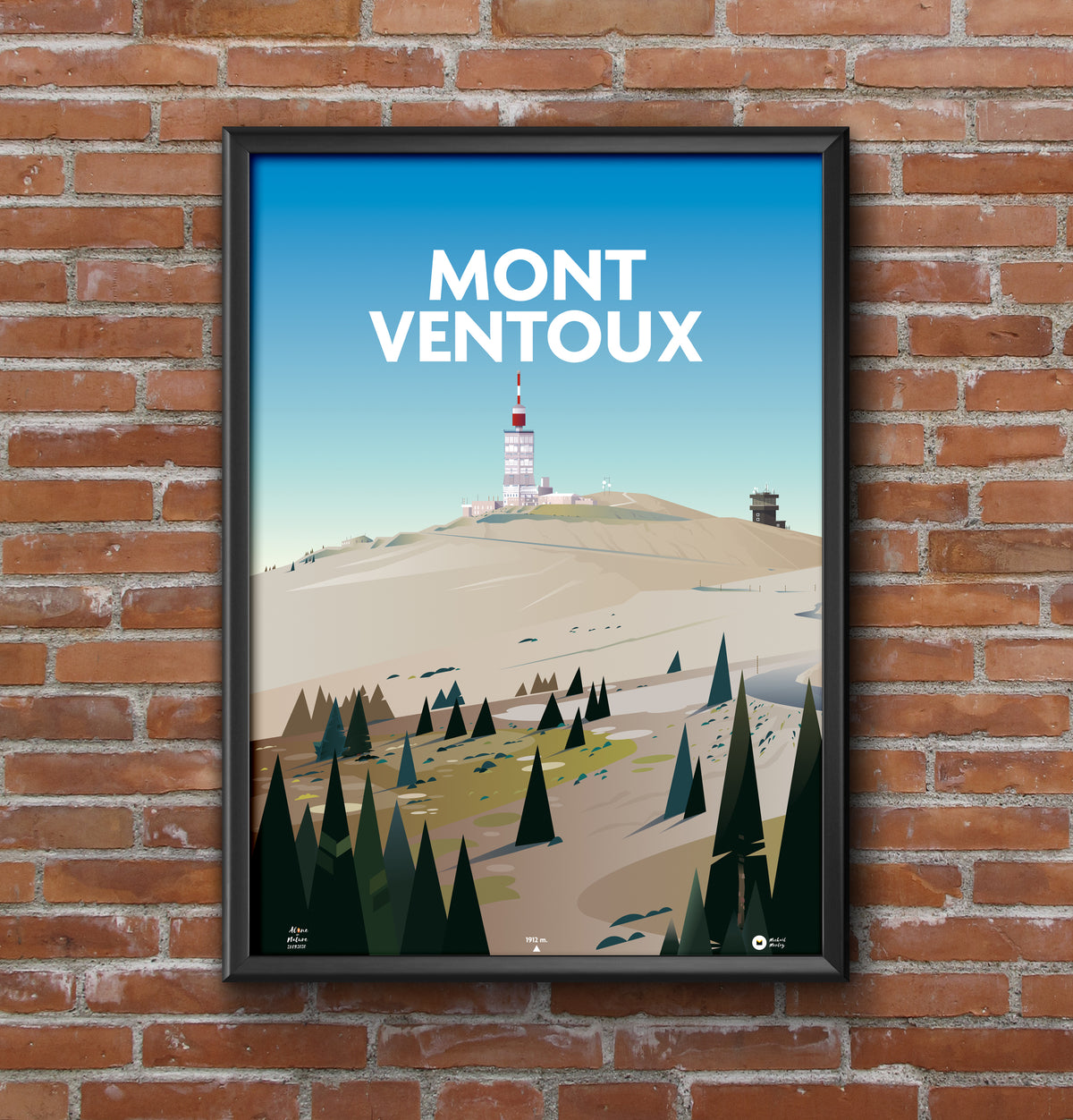 Affiche illustrée du Mont Ventoux encadrée et accrochée au mur