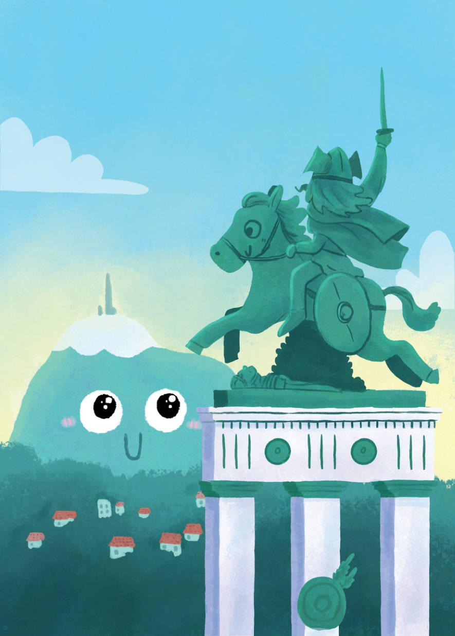 Affiche illustrée "Statue de Vercingétorix et Puy de Dôme" par Sow