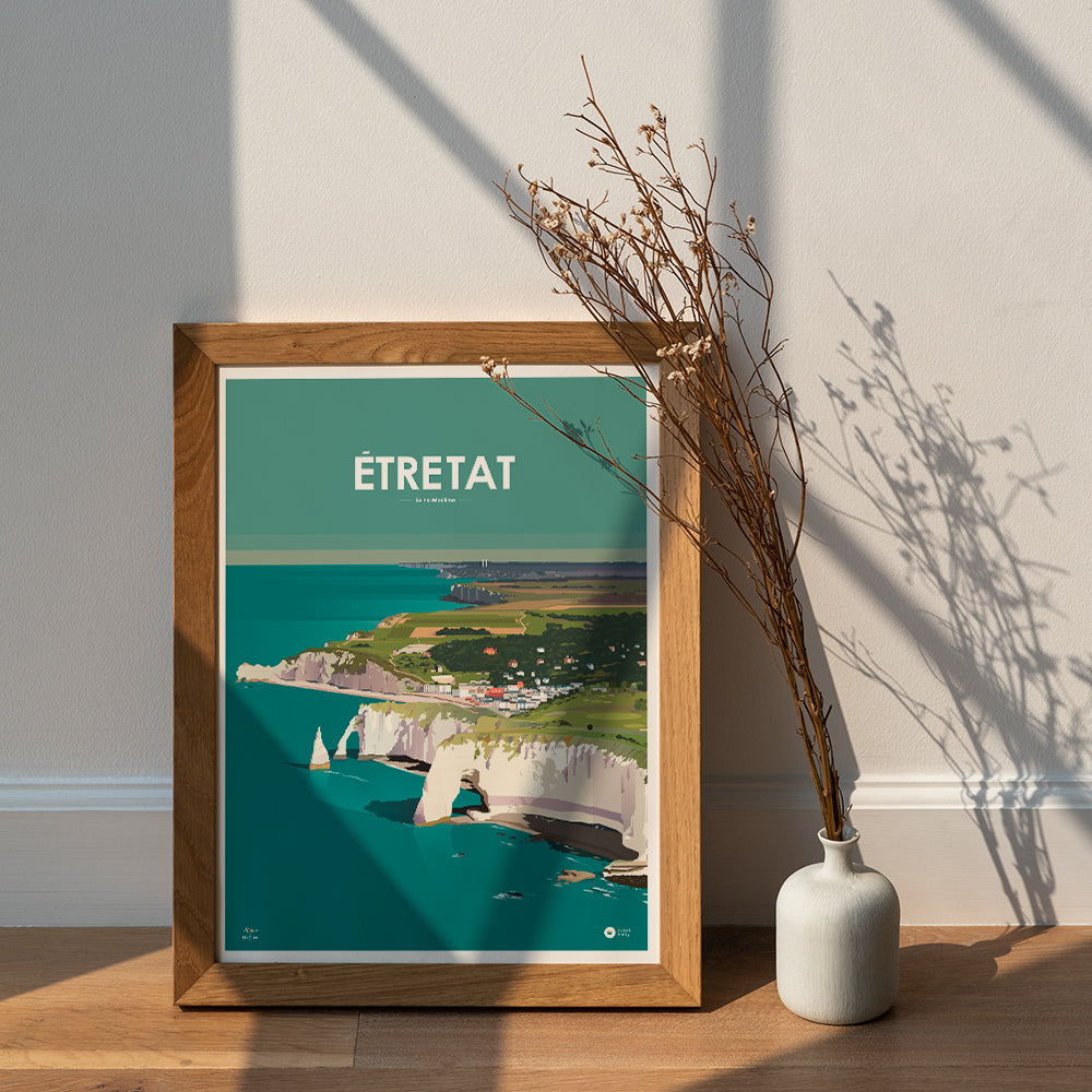 petite affiche illustrée d'étretat encadrée