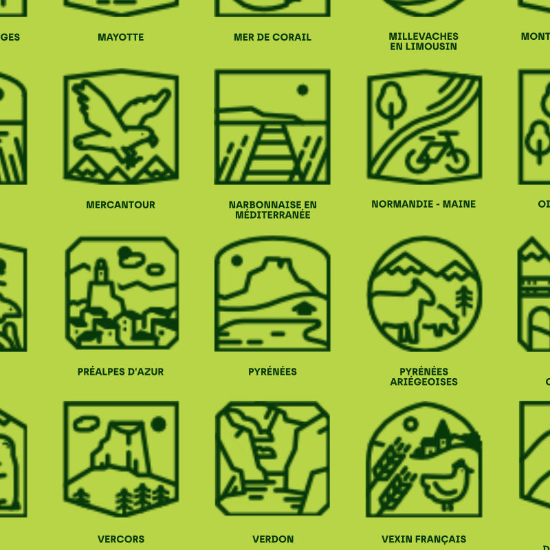Affiche "78 Parcs Naturels de France", détail sur plusieurs pictogrammes de l'affiche