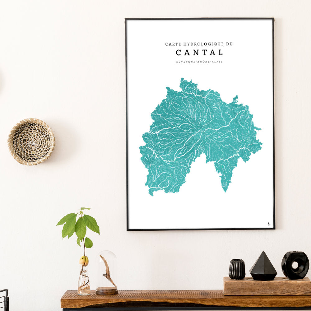 Affiche "carte hydrologique du Cantal, Auvergne"