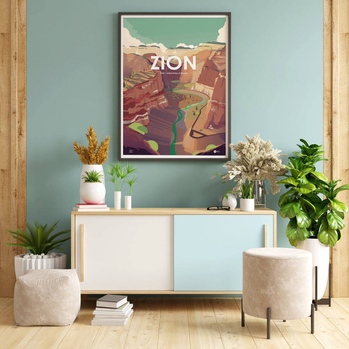 affiche illustrée "Zion, Utah USA" et encadrée au mur