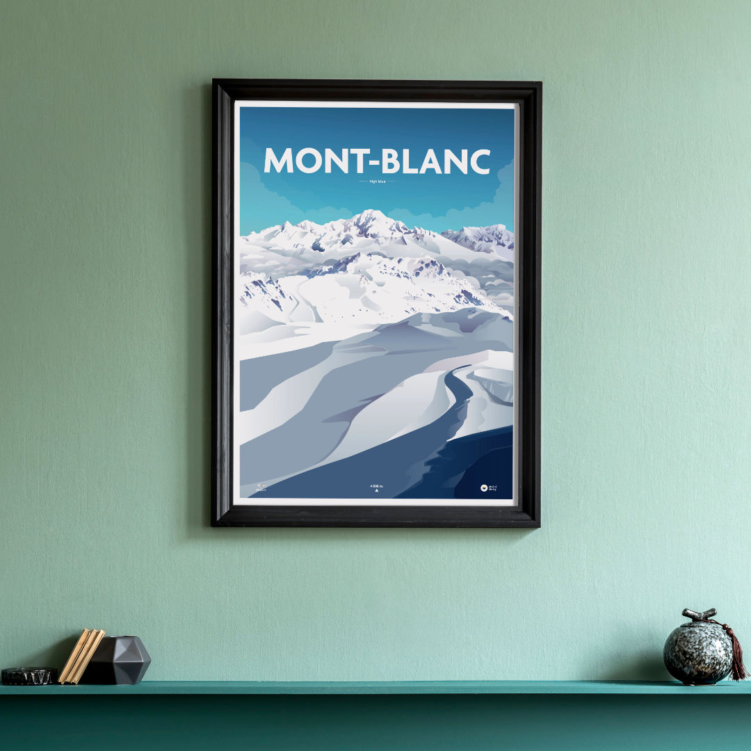 Affiche illustrée du Mont Blanc encadrée et accrochée au mur